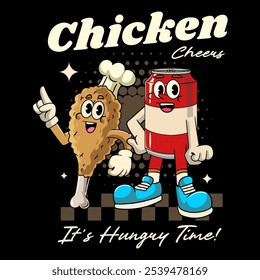 Cute Sweet Soda and Crispy Fried Chicken Cartoon Character Mascot Vector Illustration in Retro 70s 80s Groovy Style for Bar Restaurant poster, flyer, brochure, invitation, greeting card, banner