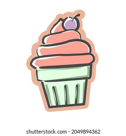 Cute sweet strawberry cup cake with cherry topping cartoon vector illustrations.