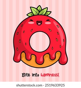 Cute sweet strawberry donut with drops of falling red glaze. Funny card with cartoon kawaii character berry baking. Vector illustration. Kids collection