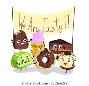 Cute sweet tasty dessert cartoon character set isolated on white background vector illustration. Funny cake, donut, cookies, ice cream emoticon face icon. Happy smile emoticon face, comical pastry