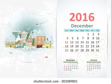 Cute sweet town. calendar for 2016, December