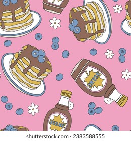 Cute sweet traditional breakfast pancakes with chocolate syrup and blackberries vector seamless pattern. Groovy food background.