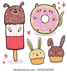 Cute sweet treat animal characters - tasty happy fun