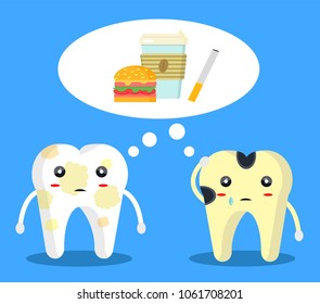 Cute sweet unhealthy yellow stained sad crying tears character dental teeth caries concept stomatology set for adults. Fast food cigarets, coffee, burger,
Modern flat vector illustration icon on blue