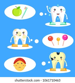 Cute sweet unhealthy yellow stained sad crying tears character dental teeth caries concept stomatology.Candy harmful for children. Holes in the teeth. Apple toothbrash
Modern flat vector illustration 