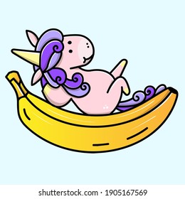 Cute sweet unicorn with banana. Girly flat vector cartoon hand drawings. Fairy character, cute, animals, horse. Pony unicorn with banana, cute and very beautiful.