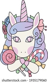 Cute sweet unicorn with candy and flowers. Girly flat vector cartoon hand drawings. Fairy character, cute, animals, horse. Pony unicorn with candy, cute and very beautiful.