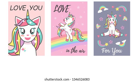 Cute sweet unicorn cartoon illustration with text love in the air, for you print greeting card design anime kawaii characters design for poster, card, flayer, postcard, calendar, stickers
