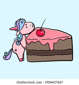 Cute sweet unicorn with cherry cake. Girly flat vector hand drawings. Fairy character, cute, animals, horse. Pony unicorn with sweet cake, cute and very pretty.