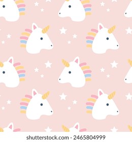 Cute Sweet Unicorn Head Seamless Pattern on pink background with stars