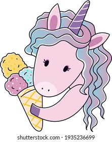 Cute sweet unicorn with ice cream. Girly flat vector cartoon hand drawings. Fairy character, cute, animals, horse. Pony unicorn with candy, cute and very beautiful.