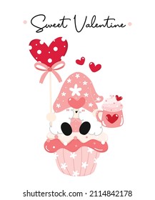 Cute Sweet valentine Gnome gril with pink whip cream mug and heart shape candy sit on cute muffin, cartoon flat vector