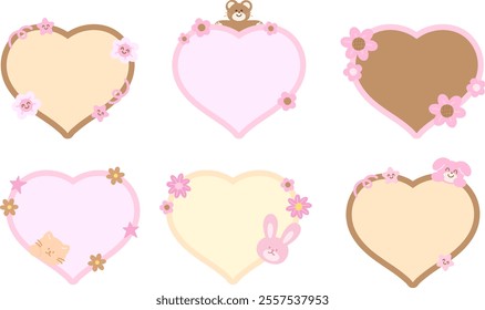 Cute and sweet vector of cat, teddy bear, bunny, puppy, flowers with heart shaped blank space for name tag, text bubble, sticker, animal print, memo, sticky note, notepads, Chocolate's Day, dessert