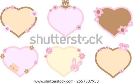 Cute and sweet vector of cat, teddy bear, bunny, puppy, flowers with heart shaped blank space for name tag, text bubble, sticker, animal print, memo, sticky note, notepads, Chocolate's Day, dessert