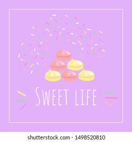 Cute sweet vector illustration. Marshmallows on the purple background with crumbs.