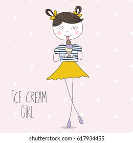 Cute and sweet vector illustration of pretty girl eat ice cream, wearing yellow skirt on pink background with white hearts. Beautiful doodle drawing fashion girl. Nursery design, invitation card