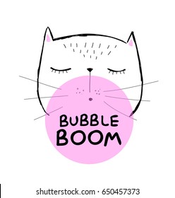 Cute sweet white cat with closed eyes blows a big pink bubble of chewing gum. vector isolated illustration for t-shirts, phone case, mugs, baby shower, wall art.  text "bubble boom"