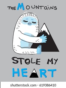 cute sweet yeti hugs a black mountain, art for t-shirts