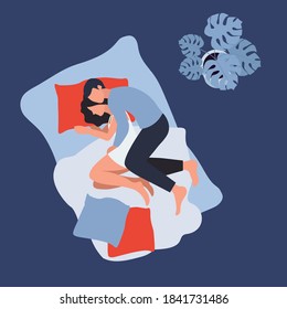 Cute Sweet Young Couple Lying In Bed And Cuddling. Sleep. Night. Characters Guy And Girl Sleeping In Bed. Quarantine Isolation. Illustration In Vector Style. Light And Soft Shades.