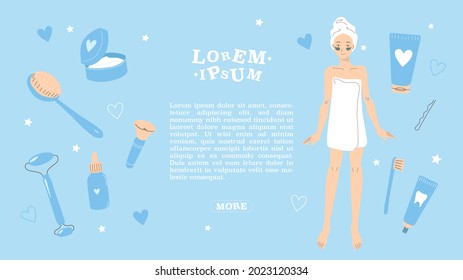 Cute sweet young girl in a towel after shower web page background template. Beauty skin care cosmetic products on blue background. Web banner background with space for your text. Colorful flat vector.