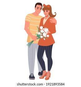 Cute sweethearts couple. Man giving flowers to woman. Isolated flat vector illustration about romantic date.