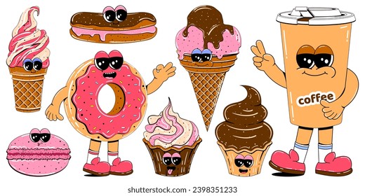 Cute sweets characters in retro cartoon style. Colorful set of mascots of donut, coffee, ice cream, cake, cupcake and other sweets. Vector illustration on isolated white background.