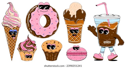 Cute sweets characters in retro cartoon style. Colorful set of mascots of donut, coffee, ice cream, cake, cupcake and other sweets. Vector illustration on isolated white background.