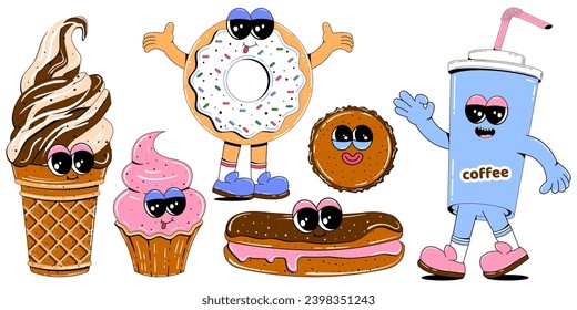 Cute sweets characters in retro cartoon style. Colorful set of mascots of donut, coffee, ice cream, cake, cupcake and other sweets. Vector illustration on isolated white background.