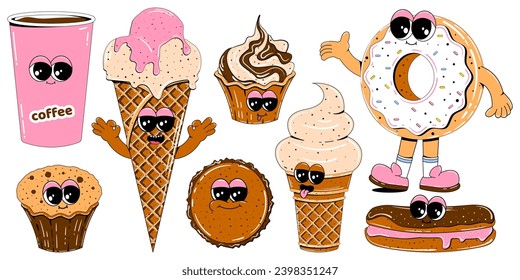 Cute sweets characters in retro cartoon style. Colorful set of mascots of donut, coffee, ice cream, cake, cupcake and other sweets. Vector illustration on isolated white background.