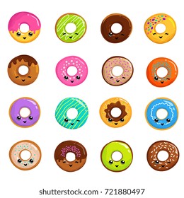 Cute sweets donuts in japanese kawaii style vector set. Donut food sweet, delicious tasty cream pastry illustration