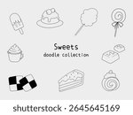 Cute sweets doodle vector isolated collection set. Dessert illustration like cookies, cake, ice cream, roll cake, chocolate, cotton candy, pudding, lollipop in line art clipart style