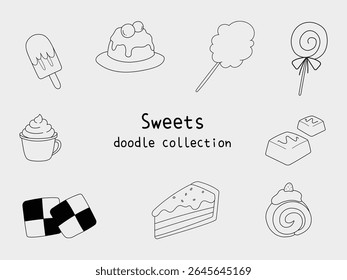 Cute sweets doodle vector isolated collection set. Dessert illustration like cookies, cake, ice cream, roll cake, chocolate, cotton candy, pudding, lollipop in line art clipart style