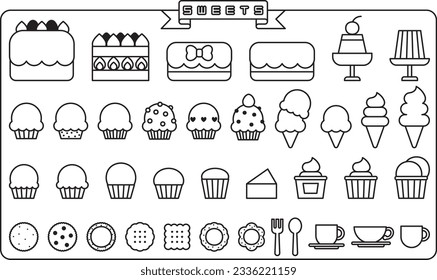 
Cute sweets icon set black and white