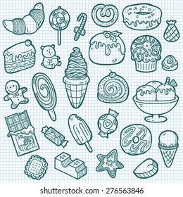 cute sweets icons. vector doodle collection of hand drawn sweets icons 