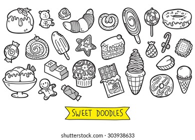 cute sweets icons. vector doodle collection of hand drawn sweets icons