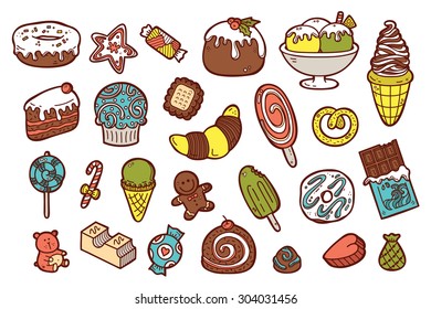 cute sweets icons. vector doodle collection of hand drawn sweets icons