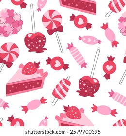 Cute sweets seamless pattern. Cartoon funny romantic background with holiday sweets. Valentine's day, birthday, carnival and other holidays. White background.