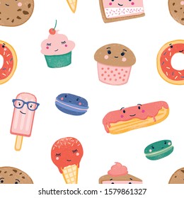 Cute sweets seamless pattern. Desserts colorful backdrop. Ice cream cones, popsicles, cupcakes, macaroons and eclair with custard and frosting on white background. Wrapping paper flat vector design.