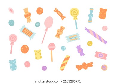 Juego de dulces, postal retro, pancarta, diseño de afiches. En un entorno aislado, se sirven caramelos, caramelos, copas, barras de chocolate y bonbón. Ilustración dibujada a mano por vectores.