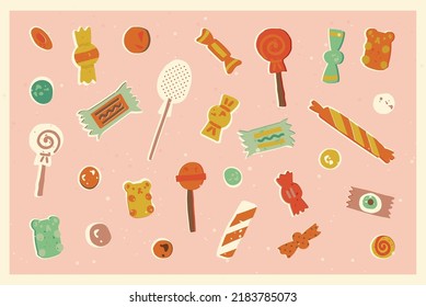 Cute sweets set, retro postcard, banner, poster design. Various candies, candy canes, lollipops, chocolate bars, and bonbon on pink background. Vector hand-drawn vintage style illustration.