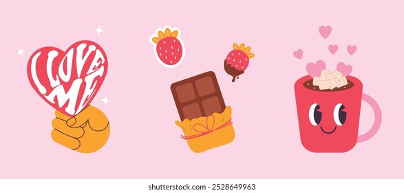 Bonitos doces cartão Valentines Day conjunto com coração e outros elementos. Para banner de site, Venda, cartão de dia dos namorados, capa, folheto ou cartaz ilustração vetor moda. Estilo retrô, amor próprio