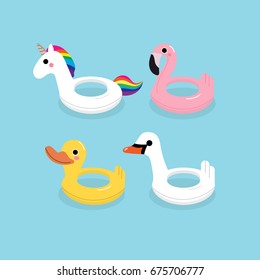cute swim ring. summer with unicorn, flamingo, duck and swan rubber toy.