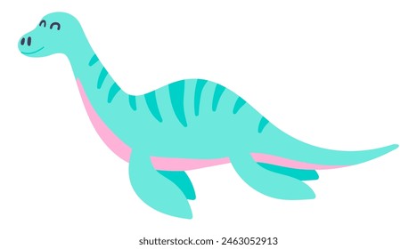 Cute swimming dinosaur in flat design. Funny underwater plesiosaur dino. Vector illustration isolated.
