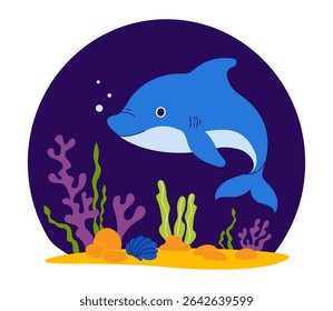 Golfinho de natação bonito com algas no fundo do mar em fundo azul escuro. Ilustração vetorial. Coleção de crianças em um estilo plano