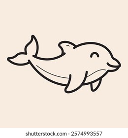 Cute swimming dolphin icon with happy smile, cheerful eyes, big belly, dorsal fin, flippers and tail. Full body dolphin character outline iconic vector line art