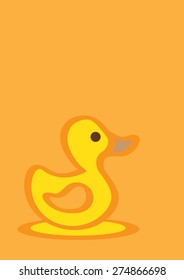 A cute swimming duckling in yellow with thick orange outline isolated on orange background. Simple hand drawn vector cartoon illustration for children.