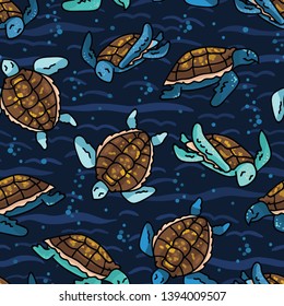 Cute swimming group of sea turtles cartoon seamless vector pattern. Hand drawn endangered ocean life tile. All over print for animal conservation blog, nautical graphic, world turtle day.