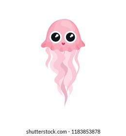 Cute swimming jellyfish. Pink sea animal with long tentacles. Marine creature. Flat vector for postcard or children book