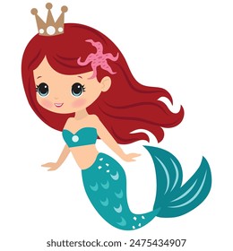 Linda sirena de natación mar princesa Vector ilustración de dibujos animados