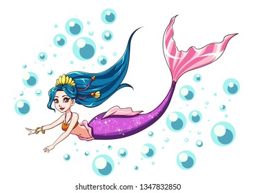 Cute swimming mermaid vector design. Cartoon girl with blue hair and purple fishtail. Isolated on white background and bubbles. Template for design cards, notebook, shop, poster.